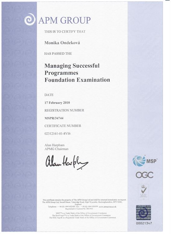 certifikát MSP - Managing Successfull Programmes Foundation Monika Ondeková